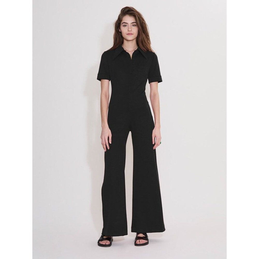 Suzie Kondi Ponte Short Sleeve Jumpsuit One Piece Black Size Small Wide Leg